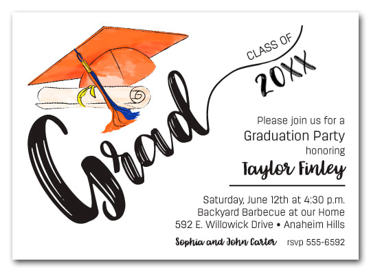 Orange & Blue Tassel on Black Cap Graduation Party Invitations or Announcements for high school, college or middle school graduation party invitations