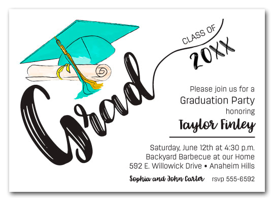 Turquoise & Gold Tassel on Black Cap Graduation Party Invitations or Announcements for high school, college or middle school graduation party invitations